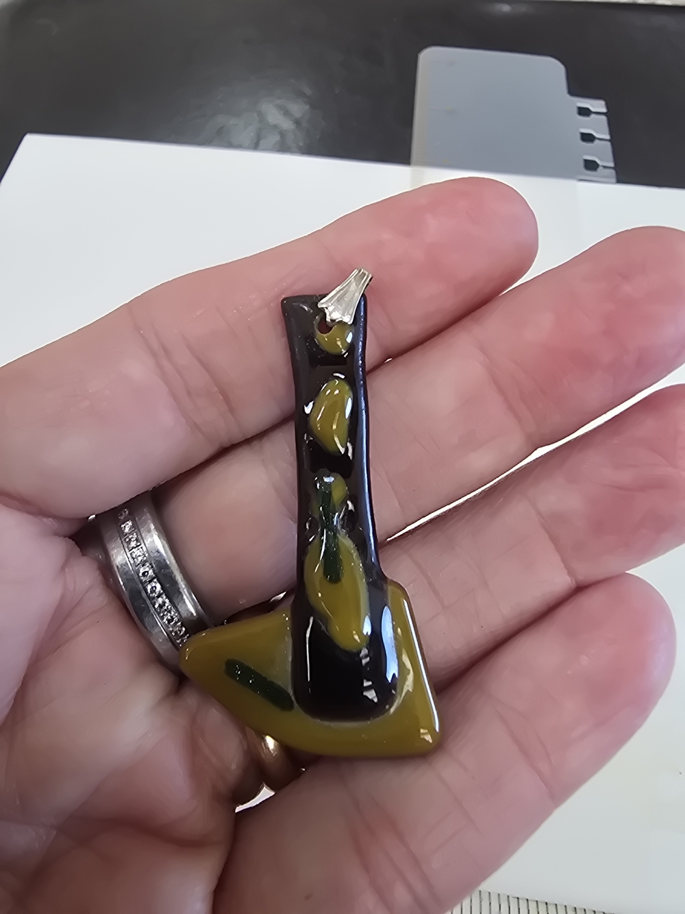Fused Glass Pendant Necklace - Black & Olive